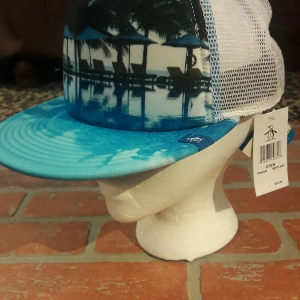Penguin Palm trees Poolside Graphic Baseball Cap Mesh Trucker Blue Hat Resort - Picture 11 of 12